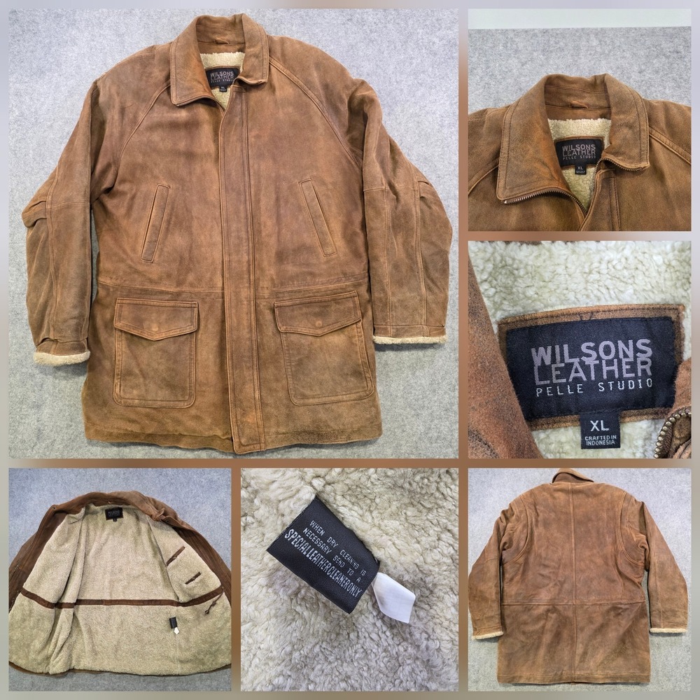 Wilsons Leather Coat Mens XL Brown Sherpa Lined Suede Shearling Pelle Studio